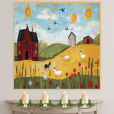 Farm Folk Art Print Featuring Red Barn Goats Sunny Hillside and Wildflowers Hand Painted Country Landscape Illustration for Rustic Wall Decor or Gift Idea on Ready to Hang 1.5" Thick Canvas Wrap, Floating Framed Canvas, Flat Rolled Canvas